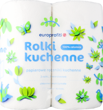 Dwie białe rolki ręcznika kuchennego 100% celulozy Europrofiti, w folii z motywem liści i motyli.
