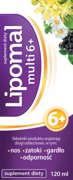 Lipomal multi 6+, suplement diety dla dzieci od 6 lat, fioletowa butelka 120ml z ziołowymi grafikami.