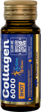 Olimp Labs Collagen 6000 Shot, truskawkowo-ananasowy, w brązowej szklanej butelce, widok z przodu.