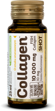 Olimp Collagen Shot 25ml, brązowa butelka z 10000mg kolagenu rybiego, ananasowy smak, widok z przodu.