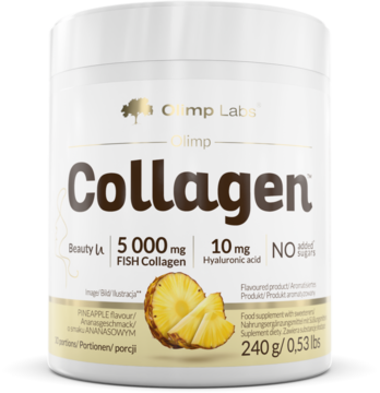 Olimp Collagen, białe opakowanie suplementu z 5000 mg kolagenu rybiego. Na etykiecie kawałki ananasa, widok z przodu.