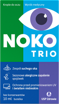 Opakowanie kropli do oczu NOKO TRIO, zielono-niebieskie z grafiką oka. Na suchość, alergie, ochronę UV. 10 ml, widok z przodu.