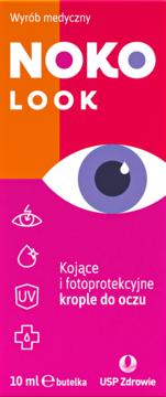 Noko Look, krople do oczu, w różowo-pomarańczowym opakowaniu z grafiką oka, kojące i fotoprotekcyjne, widok z przodu.
