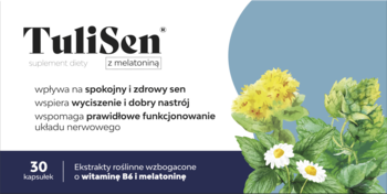 Suplement TuliSen z melatoniną, na spokojny sen, niebiesko-zielone opakowanie z melisą i rumiankiem, 30 kapsułek.