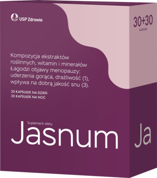 Jasnum suplement na menopauzę w fioletowym pudełku, widok z boku pod kątem, z napisem 30+30.