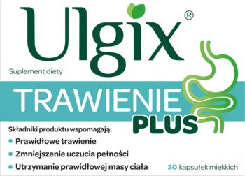 Białe opakowanie Ulgix Trawienie Plus, suplementu diety na trawienie, zielono-turkusowy napis, grafika układu pokarmowego, widok z przodu.