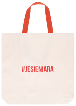 Eloy torba bawełniana, duża, beżowa, z czerwonym napisem #JESIENIARA i czerwonymi uchwytami, widok z przodu.