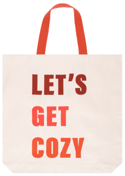Duża torba Eloy w kolorze kremowym z czerwonymi uchwytami, z napisem "LET'S GET COZY" na przodzie.