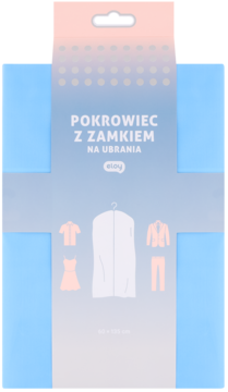 Eloy niebieski pokrowiec na ubrania 60x135 cm z zamkiem, zapakowany, z rysunkami odzieży z przodu.