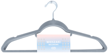 Szary welurowy wieszak Eloy z antypoślizgową powierzchnią i metalowym hakiem, widok z przodu.