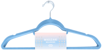 Eloy welurowy wieszak niebieski, widok z przodu, z miękką, antypoślizgową fakturą weluru.