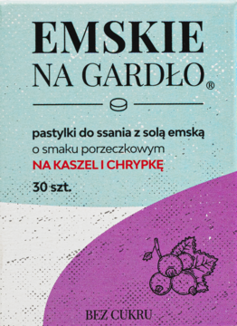 Opakowanie Emskie pastylki na gardło, porzeczkowe, na kaszel i chrypkę, w biało-fioletowych barwach.