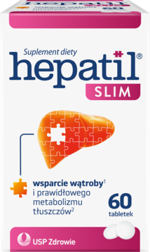 Białe pudełko Hepatil Slim, suplementu diety na wątrobę, z grafiką wątroby z puzzli i informacją 60 tabletek.