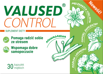 Zielono-białe opakowanie suplementu Valused Control z ashwagandhą na stres, widok z przodu, z ilustracjami ziół.