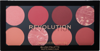 Revolution Ultra Blush Palette Sunset Burst: czarna paleta z 8 okrągłymi, mocno napigmentowanymi różami w różnych odcieniach.