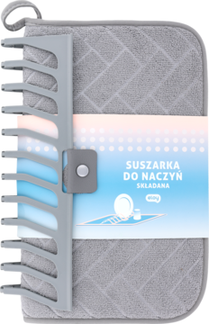 Szara, składana suszarka do naczyń Eloy z matą absorbującą wodę, szybkoschnąca, w banderoli.