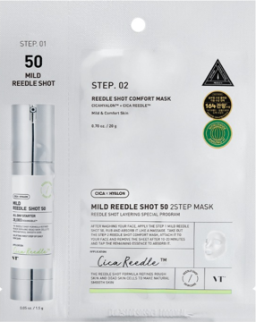 VT Cosmetics Mild Reedle Shot 50 2Step Mask: białe opakowanie z boosterem i maską w płachcie, widok z przodu.