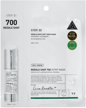 VT Cosmetics Reedle Shot 700 2-step mask, białe opakowanie z boosterem i maską w płachcie, widok z przodu.