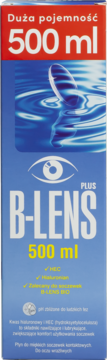 B-LENS PLUS 500 ml płyn do soczewek z kwasem hialuronowym, niebieskie pudełko z czerwoną górą, przód.