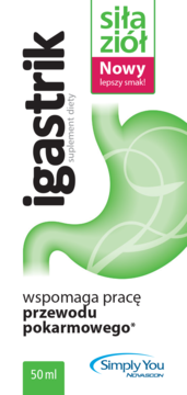 Igastrik suplement diety 50 ml, wspiera trawienie. Biała etykieta z zielonym żołądkiem, siła ziół.
