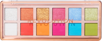 Otwarta paleta cieni Revolution The Vibrant Icon Brights, 12 neonowych, matowych i połyskujących odcieni, widok z góry.