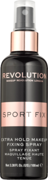 Czarny spray Revolution Sport Fix Extra Hold, utrwalacz makijażu, 100ml, różowo-złote detale, widok z przodu.