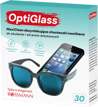 OPTI GLASS MaxiClean ,chusteczki dezynfekujące nawilżane do okularów i ekranów dotykowych,przód