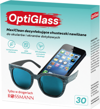 Pudełko OptiGlass MaxiClean, 30 nawilżanych chusteczek do dezynfekcji okularów/ekranów, z grafiką okularów i smartfona.