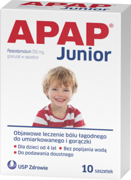 APAP Junior: białe opakowanie z czerwoną nazwą i zdjęciem dziecka, granulat na ból i gorączkę dla dzieci, widok z przodu.
