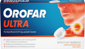 Niebiesko-białe pudełko Orofar Ultra Flurbiprofen 8,75 mg, pastylki na ból gardła, widok z przodu, z sylwetką twarzy.