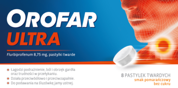 Niebieskie opakowanie OROFAR ULTRA, pastylki na gardło z flurbiprofenem 8.75 mg, smak pomarańczowy, bez cukru. Widok z przodu.