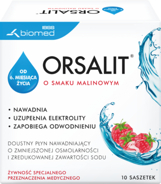 ORSALIT ,saszetki, płyn doustny nawadniający, 6m+, o smaku malinowym, żywność specjalnego przeznaczenia medycznego,przód
