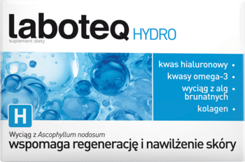 Laboteq Hydro, suplement diety w biało-niebieskim opakowaniu, dla nawilżenia i regeneracji skóry. Widok z przodu.