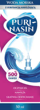 Puri-nasin Woda Morska spray do nosa, opakowanie z falą, napis "oczyszcza, nawilża", 50 ml, widok z przodu.