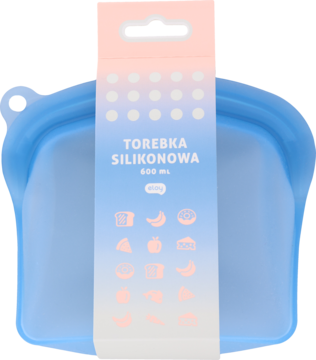 Niebieska torebka silikonowa Eloy 600 ml na żywność, przezroczysta, widok z przodu, w biało-różowym opakowaniu.