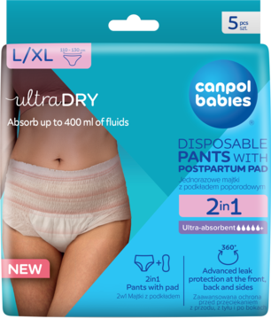 Niebieskie opakowanie Canpol babies 2w1 majtek poporodowych L/XL Ultra Dry, ze zdjęciem kobiety w bieliźnie.