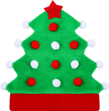 Zielona, filcowa dekoracja świąteczna w kształcie choinki, z czerwoną podstawą, ozdobiona pomponami i gwiazdą. Widok z przodu.