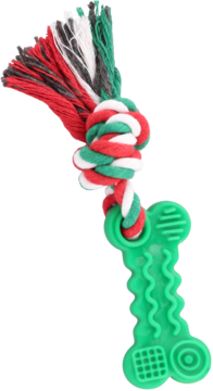 Zabawka dla psa: zielony gumowy gryzak z teksturą, połączony plecioną liną w kolorach czerwonym, zielonym, białym i szarym.