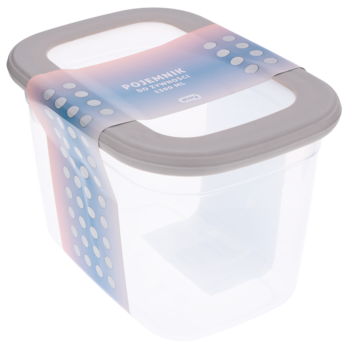 Przezroczysty pojemnik IKEA 1000ml na żywność, z szarą pokrywką ozdobioną kropkami, ujęcie pod kątem.