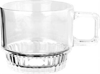 Eloy Home Kubek Szklany Aldo 320 ml, przezroczysty, z uchem i fakturowanym dnem, widok z przodu pod kątem.