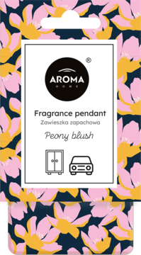 Biała zawieszka zapachowa Aroma Home Peony blush do szafy i samochodu, widok z przodu na wzorzystym tle.