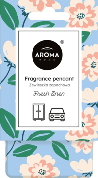 Aroma Home Fresh Linen zawieszka zapachowa, błękitna w różowe kwiaty, z białym napisem i ikonami do szafy/auta.