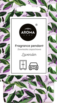 Aroma Home lawendowa zawieszka zapachowa, biała etykieta z ikonami szafy i auta na fioletowo-zielonym tle.