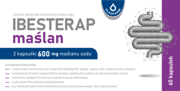 IBESTERAP maślan suplement maślanu sodu, 60 kapsułek. Biało-fioletowe opakowanie z grafiką jelita, widok z przodu.