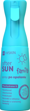 Turkusowy spray HiSkin After Sun Family z fioletowymi napisami, widok z przodu. Nawilża i koi skórę po opalaniu.