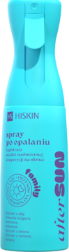 Turkusowy spray HiSkin After Sun Family po opalaniu, butelka z innowacyjnym aplikatorem, widok z przodu.