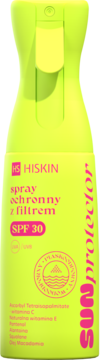 Neonowy spray HiSkin Sun Protector SPF 30 z filtrem, różowe napisy, atomizer 360°, ochrona UVA/UVB, przód.