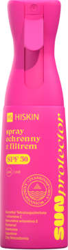 Różowy lotion w sprayu HiSkin Sun Protector SPF 50, widok z przodu. Ergonomiczna butelka z żółtymi napisami.