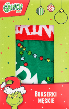 Męskie bokserki Grinch w zielonym pudełku z wycięciem, widoczne zielone majtki ze świąteczną choinką i lampkami.