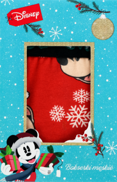 Złożone czerwone bokserki męskie Disney z Myszka Mickey i białymi płatkami śniegu, w świątecznej ramce.